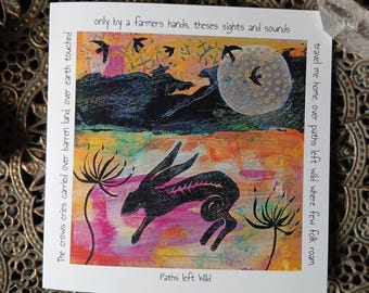 Nature poem card, hare greeting card, crow poem, crow card, art card, mixed media art, poetry, nature gift, abstract, hare, sun moon