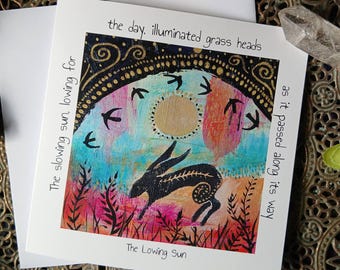 Hare greeting card, crow card, nature gift card, natures poetry, poetry card, mixed media art  hare, pagan art, nature art