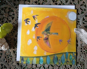 bird greeting card, nature card, mixed media art, sun card, landscape art, sun and moon
