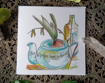 Spring greeting card, spring art, still life art, still life card, catkins, teapot,