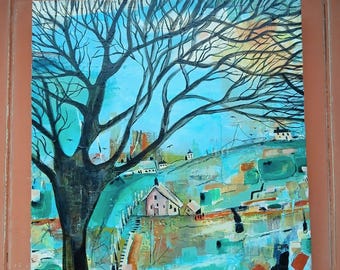 landscape painting, tree painting, original landscape painting, countryside art, nature art, abstract landscape, tree art,