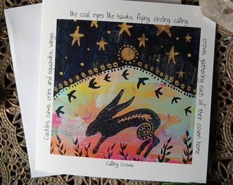 Crow card, crow poetry, nature card, hare greeting card, hare art card, stars, moon, art card, pagan art, nature art,