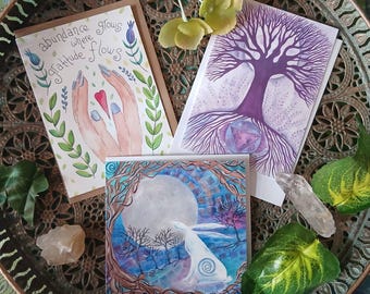Tree of life card, greeting card pack, gratitude art, hare card, moon gazing hare, spiritual gift