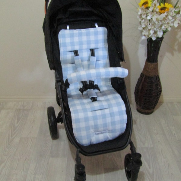 Pram liner set,universal-Pastel gingham,blue-Funky babyz,Australian made