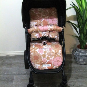 Pram liner set,universal-Retro pastel blooms-Funky babyz,Australian made Liner,belt/bar cover