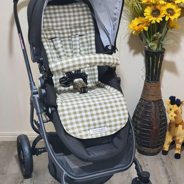 Pram/stroller seat liner-Khaki green gingham-Australian made
