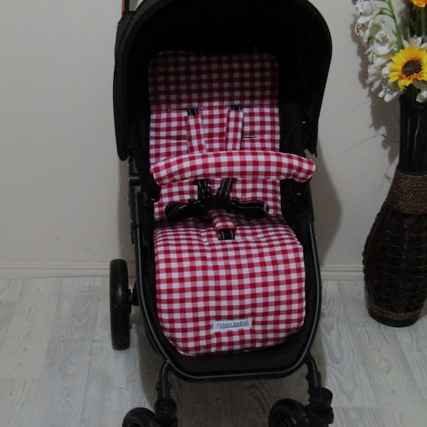 Pram liner set,universal-Red gingham -Funky babyz,Australian made**SALE**