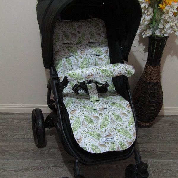 Pram liner set,universal-Rabbits in soft ferns-Funky babyz,Australian made