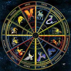 May include: A circular zodiac chart featuring twelve distinct astrological signs arranged in segments. Each section displays a colorful illustration of the corresponding zodiac creature against a dark, starry background with gold-toned borders.
