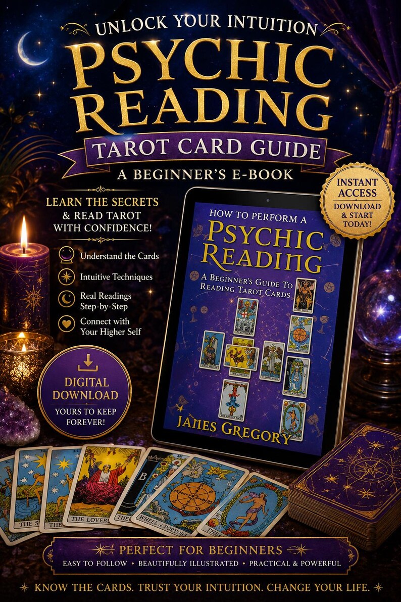 May include: A digital e-book titled Psychic Reading Tarot Card Guide by James Gregory, displayed on a tablet screen. The cover features tarot cards, gold text, and a dark purple background. Includes a digital download badge and tarot card imagery.