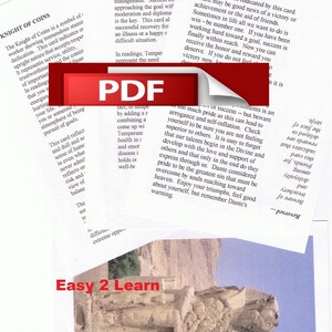 May include: A collection of white paper sheets featuring printed text about tarot cards including Knight of Coins, Temperance, and Six of Wands. A red rectangular PDF icon is overlaid on the papers. A small image of a stone statue is visible at the bottom with the red text Easy 2 Learn.