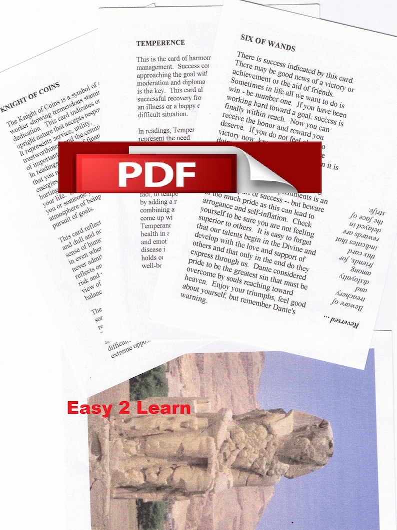 May include: A collection of white paper sheets featuring printed text about tarot cards including Knight of Coins, Temperance, and Six of Wands. A red rectangular PDF icon is overlaid on the papers. A small image of a stone statue is visible at the bottom with the red text Easy 2 Learn.