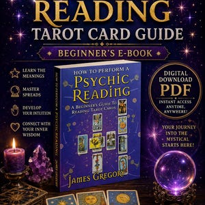May include: A digital PDF e-book titled Psychic Reading Tarot Card Guide by James Gregory. The cover features a blue background with tarot card illustrations, a purple candle, a crystal cluster, and a glowing crystal ball on a dark surface.