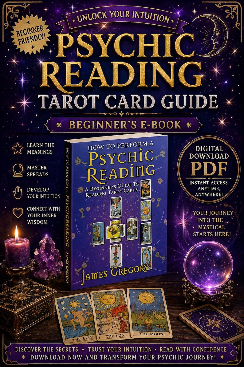 May include: A digital PDF e-book titled Psychic Reading Tarot Card Guide by James Gregory. The cover features a blue background with tarot card illustrations, a purple candle, a crystal cluster, and a glowing crystal ball on a dark surface.
