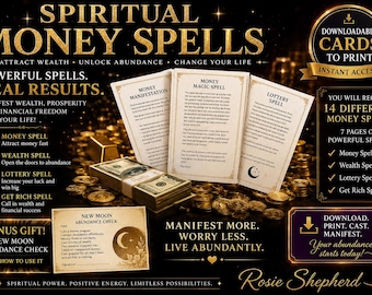 May include: A digital graphic featuring the text Spiritual Money Spells, with images of printed cards, a stack of US dollar bills, and gold coins. The layout includes sections for Money Manifestation, Money Magic Spell, Lottery Spell, and a New Moon Abundance Check.