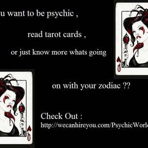 May include: Two playing cards featuring a queen illustration with dark hair, red eye makeup, and a black dress, each holding a red-topped scepter. Text reads: Do you want to be psychic, read tarot cards, or just know more whats going on with your zodiac ?? Check Out : http://wecanhireyou.com/PsychicWorld.html