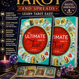 May include: A digital download guide titled The Ultimate Guide to Tarot and Spreads by Liz Dean, featuring a tablet and book display with tarot cards, a purple candle, crystals, and celestial graphics on a dark background with gold text.