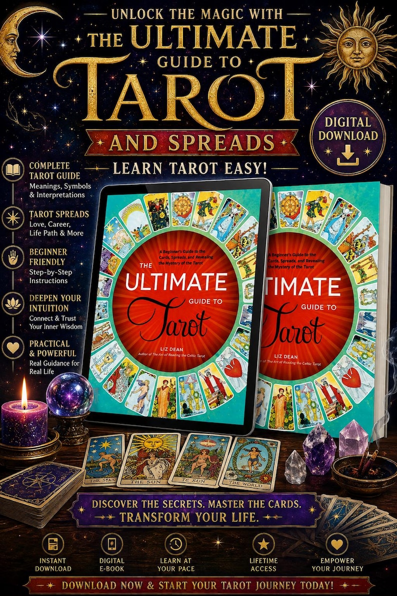 May include: A digital download guide titled The Ultimate Guide to Tarot and Spreads by Liz Dean, featuring a tablet and book display with tarot cards, a purple candle, crystals, and celestial graphics on a dark background with gold text.