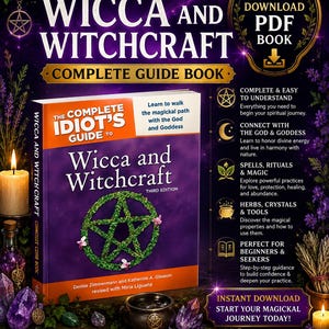 Könnte beinhalten: Ein digitales PDF-Buch mit dem Titel The Complete Idiot's Guide to Wicca and Witchcraft, Third Edition. Das Cover zeigt ein grünes Pentagramm auf violettem Grund mit orangefarbenen Akzenten, umgeben von Kerzen, Kristallen und Kräutern.