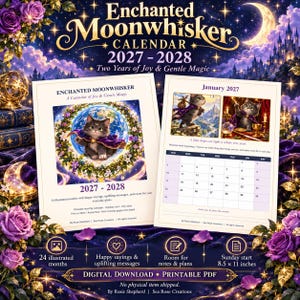 Può includere: Il calendario Enchanted Moonwhisker 2027-2028 è un PDF digitale stampabile con 24 mesi illustrati. Include una copertina con un gattino e una pagina per gennaio 2027 con una griglia, che misura 21,59 per 27,94 cm.