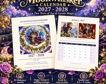 May include: The Enchanted Moonwhisker Calendar 2027-2028 is a digital printable PDF featuring 24 illustrated months. It includes a cover page with a kitten illustration and a January 2027 page with a grid, measuring 8.5 by 11 inches.