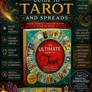 May include: A hardcover book titled The Ultimate Guide to Tarot and Spreads with a dark teal cover featuring gold text and a circular arrangement of tarot cards. Three individual tarot cards, The Star, The Sun, and The World, are displayed below.