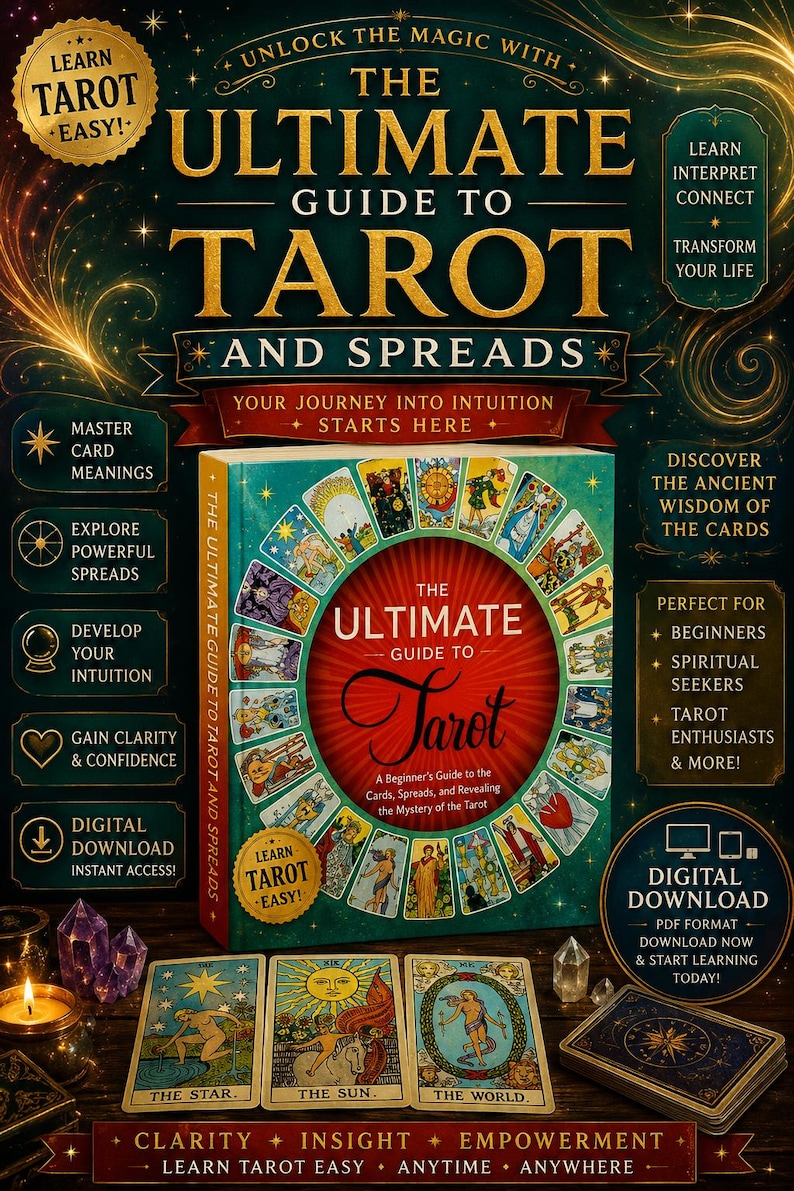 May include: A hardcover book titled The Ultimate Guide to Tarot and Spreads with a dark teal cover featuring gold text and a circular arrangement of tarot cards. Three individual tarot cards, The Star, The Sun, and The World, are displayed below.
