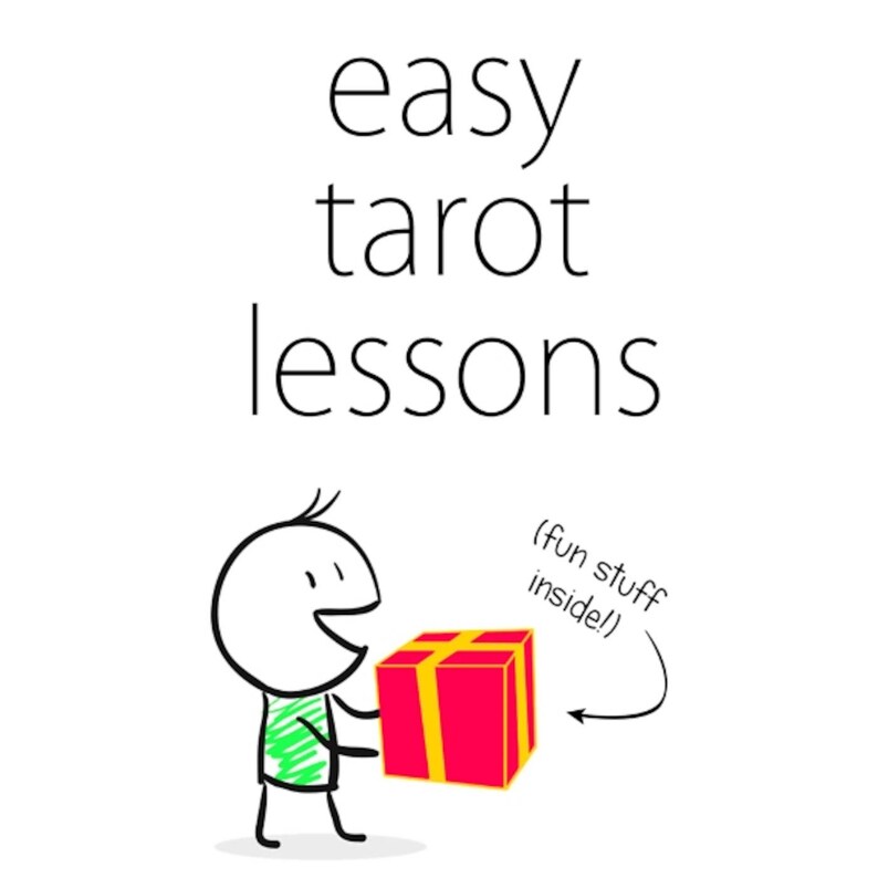 May include: A digital illustration featuring the text easy tarot lessons in black font. Below the text, a simple stick figure with a green shirt holds a red gift box with a yellow ribbon. An arrow points to the box with the text (fun stuff inside!)