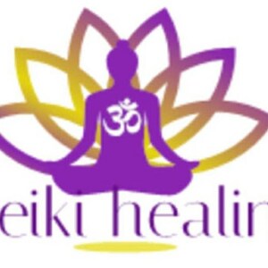 May include: A purple silhouette of a person in a seated yoga pose, with the Om symbol on the chest, is centered over a lotus flower design. The words "Reiki healing" are written in purple below the figure.