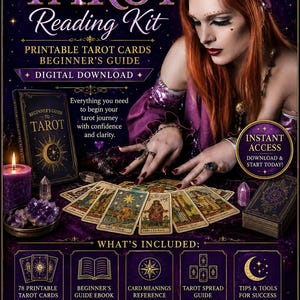 May include: A digital Learn Tarot Reading Kit featuring a beginner's guide, 78 printable tarot cards, and instructional materials. The graphic includes text such as Learn Tarot Reading Kit, Printable Tarot Cards, Beginner's Guide, and Digital Download.