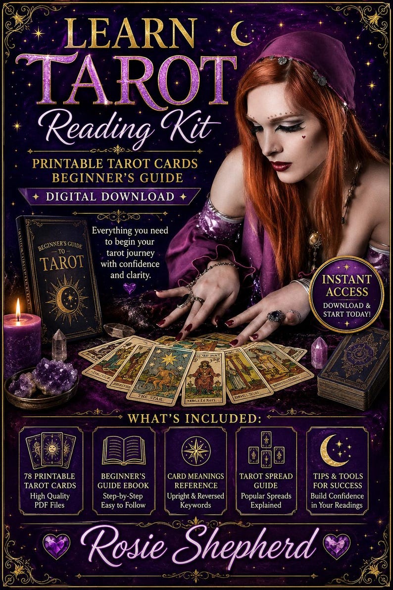 May include: A digital Learn Tarot Reading Kit featuring a beginner's guide, 78 printable tarot cards, and instructional materials. The graphic includes text such as Learn Tarot Reading Kit, Printable Tarot Cards, Beginner's Guide, and Digital Download.