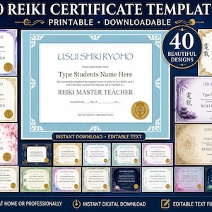 May include: A collection of 40 Reiki certificate templates featuring editable text fields, Usui Shiki Ryoho branding, and various decorative borders including floral, bamboo, and zen stone motifs. The designs include gold seals and printable layouts.