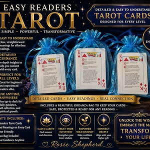 May include: Three decks of tarot cards, each enclosed in a blue organza drawstring bag. The cards feature the King of Diamonds design with printed text. The image includes promotional text such as Easy Readers Tarot, Detailed Cards, and Easy Readings.