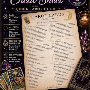 Könnte beinhalten: Ein digitaler Tarot-Spickzettel mit einer Liste der Bedeutungen von Karten der großen und kleinen Arkana. Das Dokument enthält Abschnitte für die Stäbe, Kelche und Münzen sowie eine Illustration eines Halbmonds und den Text Tarot Cheat Sheet.