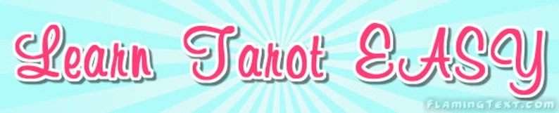 May include: A graphic banner featuring the text Learn Tarot EASY in a bold, pink, cursive font with a white outline. The background consists of a light blue and white sunburst pattern radiating from the center, with small text in the bottom right.