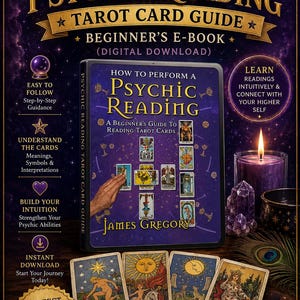 May include: A digital e-book titled Psychic Reading Tarot Card Guide by James Gregory, featuring a purple cover with tarot card illustrations. The image includes four tarot cards laid out below: The Star, The Sun, The Moon, and The Empress.