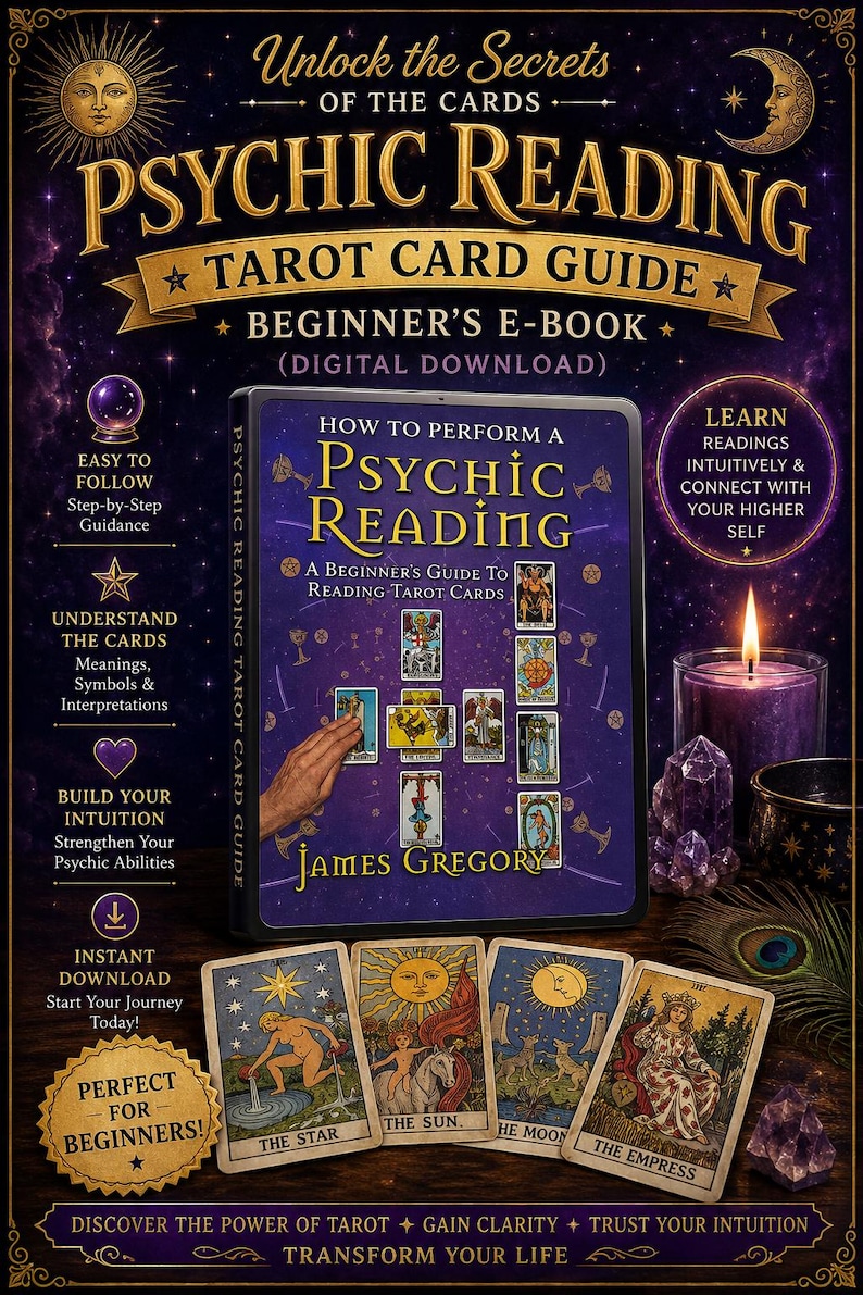 May include: A digital e-book titled Psychic Reading Tarot Card Guide by James Gregory, featuring a purple cover with tarot card illustrations. The image includes four tarot cards laid out below: The Star, The Sun, The Moon, and The Empress.