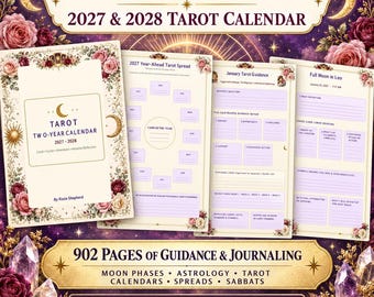 2027–2028 Tarot Calendar Printable, Moon Phase & Astrology Planner, Daily Tarot Journal, Witchy Sabbat Guide, Digital PDF