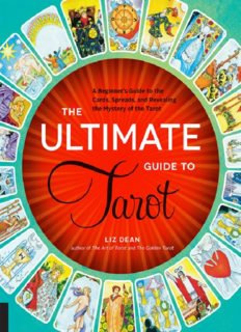 May include: A book titled The Ultimate Guide to Tarot by Liz Dean, featuring a large red circular center with white text and a surrounding border of various colorful tarot card illustrations on a teal background.