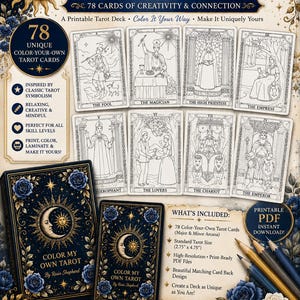Może przedstawiać: Talia kart tarota do druku zatytułowana Color My Own Tarot autorstwa Rosie Shepherd, zawierająca 78 czarno-białych kart z grafikami liniowymi do kolorowania. Zestaw zawiera ciemnoniebieski wzór rewersu ze złotymi motywami niebieskimi i różami.