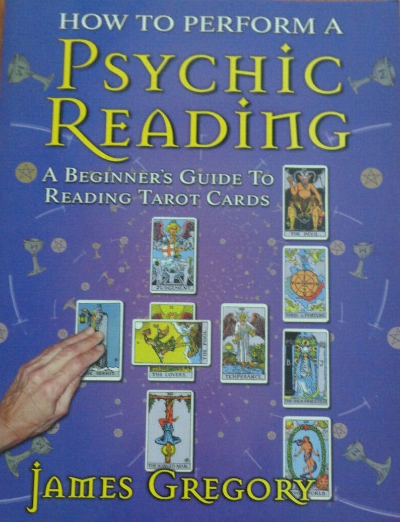 May include: A book titled How to Perform a Psychic Reading: A Beginner's Guide to Reading Tarot Cards by James Gregory. The purple cover features yellow text and a layout of various tarot cards including The Hermit, The Fool, and The Devil.