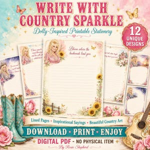 Puede incluir: Un conjunto de papelería digital con 12 diseños imprimibles únicos con ilustraciones de estilo country, que incluyen girasoles, rosas, mariposas y una mujer con un conjunto rosa. Las páginas incluyen papel rayado, textos inspiradores y bordes.