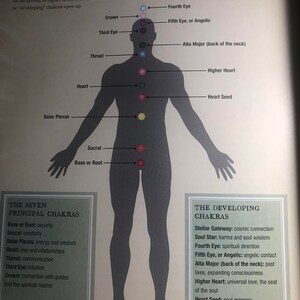 May include: A diagram titled The Body's Chakra Points showing a gray human silhouette with colored icons indicating locations for the Stellar Gateway, Soul Star, Fourth Eye, Crown, Fifth Eye, Third Eye, Alta Major, Throat, Higher Heart, Heart, Heart Seed, Solar Plexus, Sacral, Base or Root, and Earth Star.