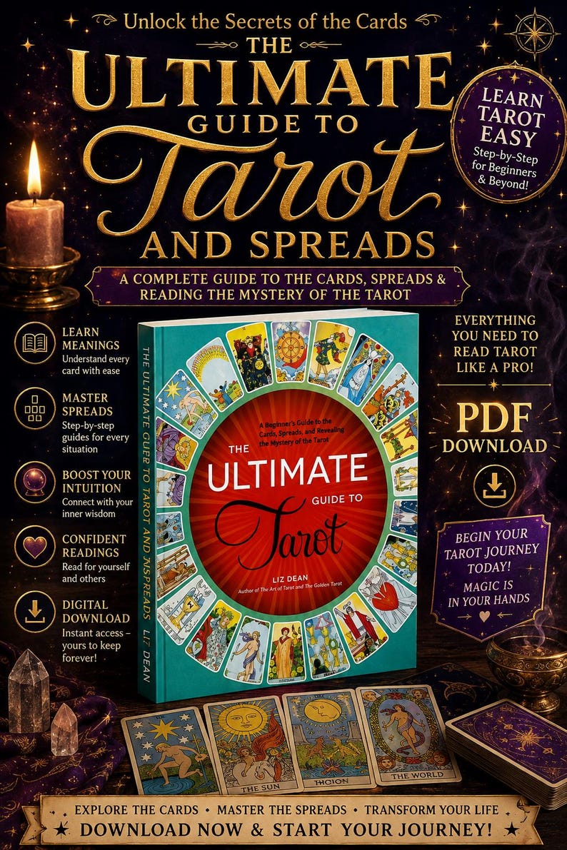 May include: A book titled The Ultimate Guide to Tarot and Spreads by Liz Dean, featuring a teal cover with a circular arrangement of tarot cards. The book is surrounded by four tarot cards, a lit candle, crystals, and text promoting a PDF download.