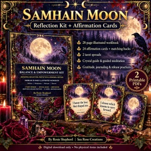 May include: Samhain Moon Reflection Kit and Affirmation Cards set featuring a 28-page illustrated workbook, 24 affirmation cards, 2 tarot spreads, a crystal guide, and guided meditation. The design includes a full moon, raven, and roses.