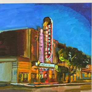 New Braunfels Texas Art, print of oil painting of art deco historic theatre with neon colors, Texas Wall Art, Texas Hill Country Gift