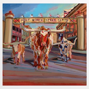Texas Longhorns Art, Fort Worth Stockyard Print of Texas Longhorns Painting, Modern Western Artwork for Texas Walls, Texas Travel Print