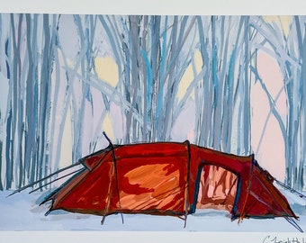 Camping Art Print, Camping in Winter Forest | Archival print of forest camping original painting | Outdoor Gift | Happy Camper Nature Art