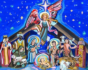 Christmas Nativity Scene Art Print of Baby Jesus | Archival Print of Nativity Painting with Angel | Manager Scene Painting | Christmas Art