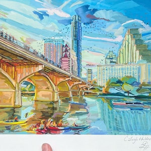 Austin Skyline Art Print | Austin Texas print of original painting of Austin Bats over Lady Bird Lake at Congress Bridge, ATX Texas Art Gift